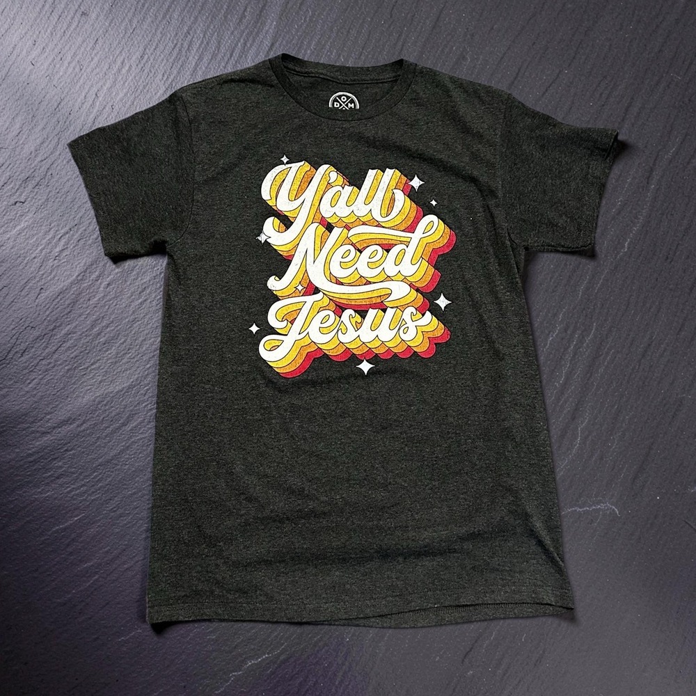 DXM Y'all Need Jesus Graphic Tee Charcoal Grey Retro 70s Style Small